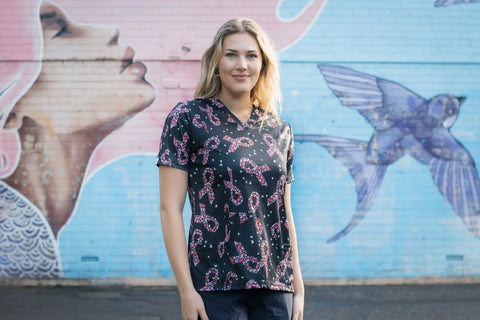 Softies Women's Pink Ribbons Slim Fit Fun Scrub Top PROT01 - Allsorts Workwear