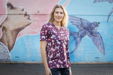 Softies Women's Purple Dog Slim Fit Fun Scrub Top PDOT01 - Allsorts Workwear