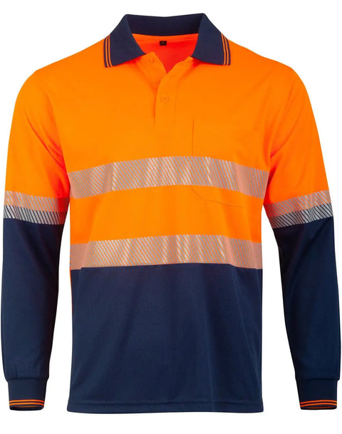 Unisex Cool Dry Segmented Tapes Hi Vis Long Sleeve Polo Shirt SW86 Work Wear Australian Industrial Wear Orange/Navy 2XS