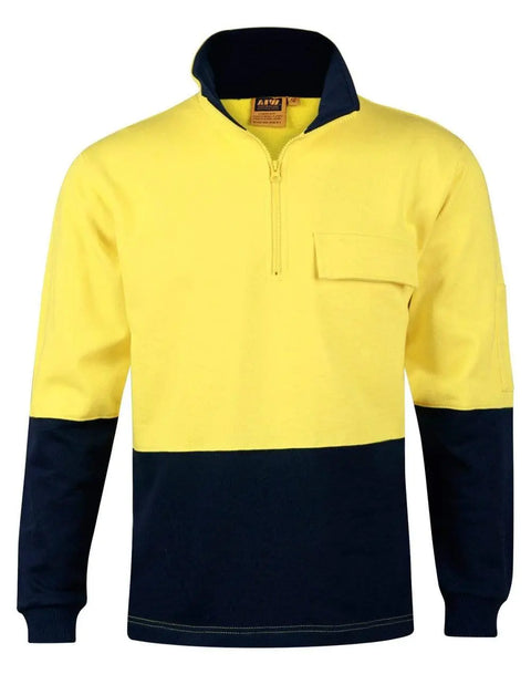 Hi-vis Two Tone Cotton Fleecy Sweat SW47 Work Wear Australian Industrial Wear S Fluoro Yellow/Navy