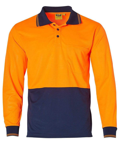 High Visibility Long Sleeve Polo SW05TD Work Wear Australian Industrial Wear Fluoro Orange/Navy S