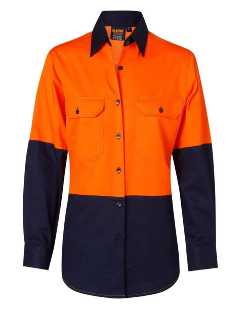 Women's Long Sleeve Safety Shirt SW64 Work Wear Australian Industrial Wear 8 Fluoro Orange/Navy