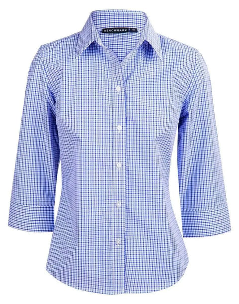 BENCHMARK Ladies’ Two Tone Gingham 3/4 Sleeve Shirt M8320Q Corporate Wear Benchmark Navy/White/Skyblue 6