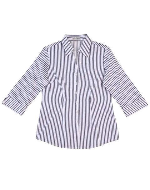 BENCHMARK Women's Executive Sateen Stripe 3/4 Sleeve Shirt M8310Q Corporate Wear Benchmark White/Cobalt 12
