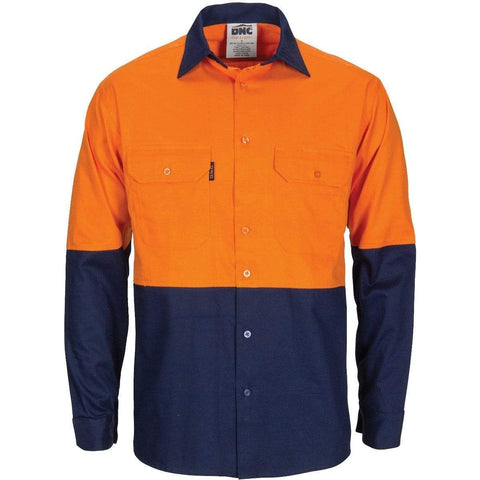 DNC Workwear Work Wear Orange/Navy / XS DNC WORKWEAR Hi-Vis L/W Cool-Breeze T2 Vertical Vented Long Sleeve Cotton Shirt with Gusset Sleeves 3733