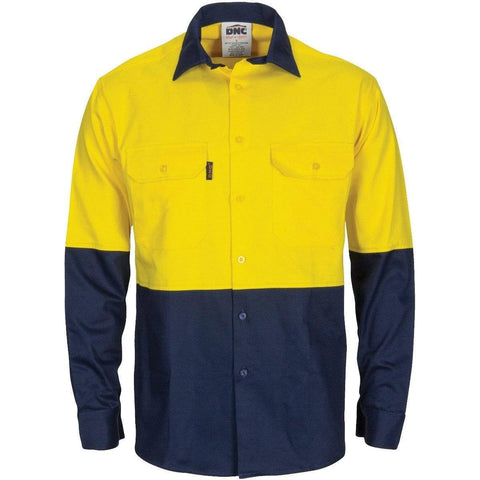 DNC Workwear Work Wear Yellow/Navy / XS DNC WORKWEAR Hi-Vis L/W Cool-Breeze T2 Vertical Vented Long Sleeve Cotton Shirt with Gusset Sleeves 3733