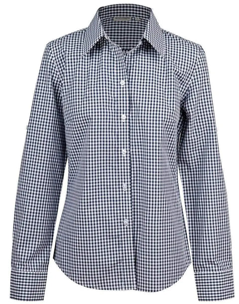 Winning Spirit Ladies’ Gingham Check Long Sleeve Shirt M8300L Corporate Wear Winning Spirit Navy/White 6