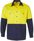 Australian Industrial Wear Work Wear Fluoro Yellow/Navy / S COTTON DRILL safety shirt SW54