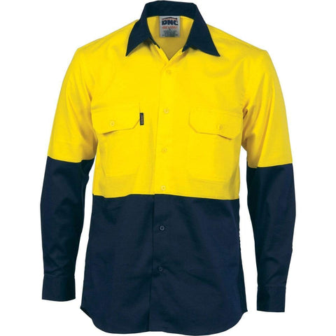 DNC Workwear Work Wear Yellow/Navy / XS DNC WORKWEAR Hi-Vis Two Tone Cotton Drill Vented Long Sleeve Shirt 3981
