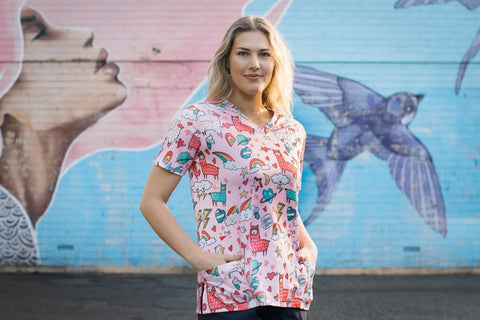 fun printed scrub top