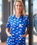 Softies Oxford Blue Whales Scrub Top BWT01 - Simply Scrubs Australia