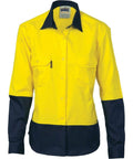 DNC Workwear Work Wear Yellow/Navy / 8 DNC WORKWEAR Women’s Hi-Vis 2 Tone Cool-Breeze Long Sleeve Cotton Shirt 3940