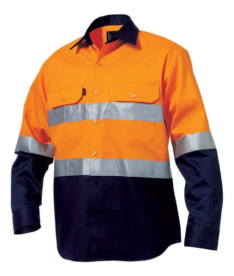 KingGee Work Wear Orange/Navy / S KingGee Hi-Vis Reflective Spliced Drill Shirt L/S Gusset Cuff K5431G