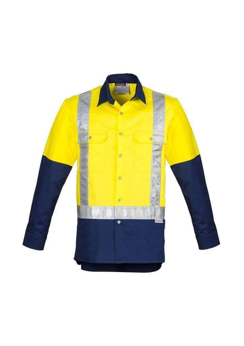 SYZMIK Men’s Hi-Vis Spliced Shoulder Taped Industrial Shirt ZW124 Work Wear Syzmik Yellow/Navy S 