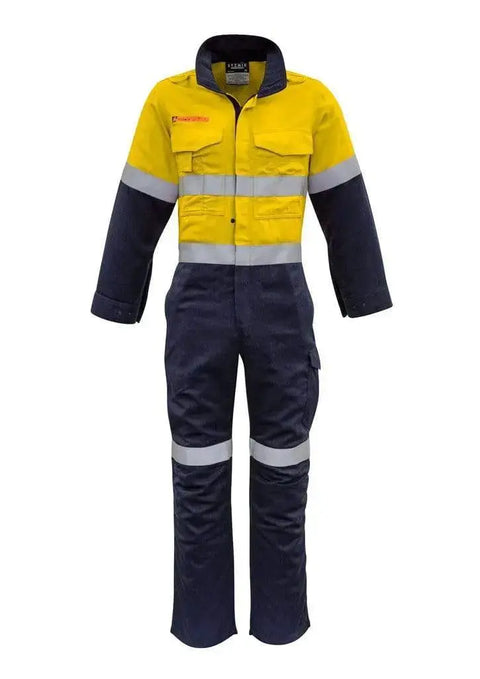 SYZMIK men's orange flame hrc-2 hoop taped spliced overall ZC525 Metro Workwear.