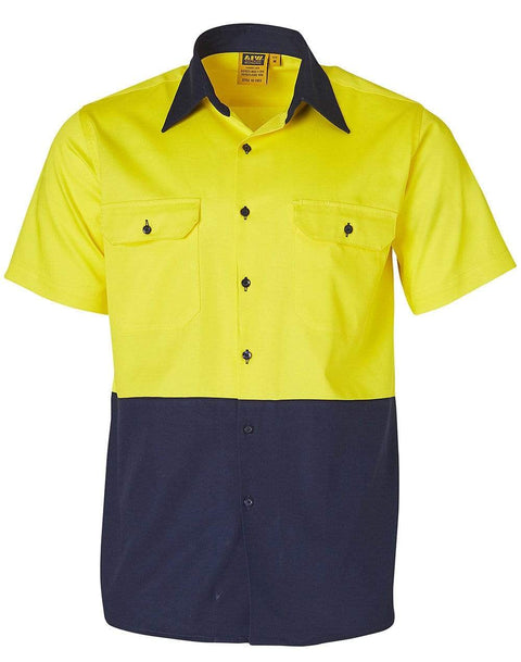 Australian Industrial Wear Work Wear Fluoro Yellow/Navy / S COTTON DRILL safety shirt SW53
