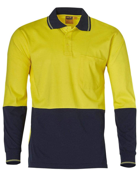 Australian Industrial Wear Work Wear Fluoro Yellow/Navy / S Cotton Jersey two tone Long Sleeve Safety Polo SW36