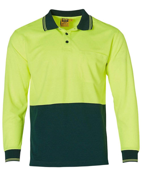 Australian Industrial Wear Work Wear Fluoro Yellow/Bottle / S High Visibility Long Sleeve Polo SW05CD