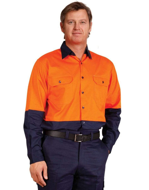 Australian Industrial Wear Work Wear Fluoro Orange/Navy / S LONG SLEEVE SAFETY SHIRT SW58
