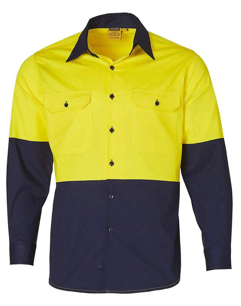 Australian Industrial Wear Work Wear Fluoro Yellow/Navy / S long sleeve SAFETY SHIRT SW58