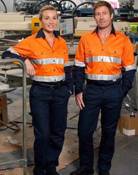 Australian Industrial Wear Work Wear Fluoro Yellow/Navy Fluoro Orange/Navy / S LONG SLEEVE SAFETY SHIRT SW68