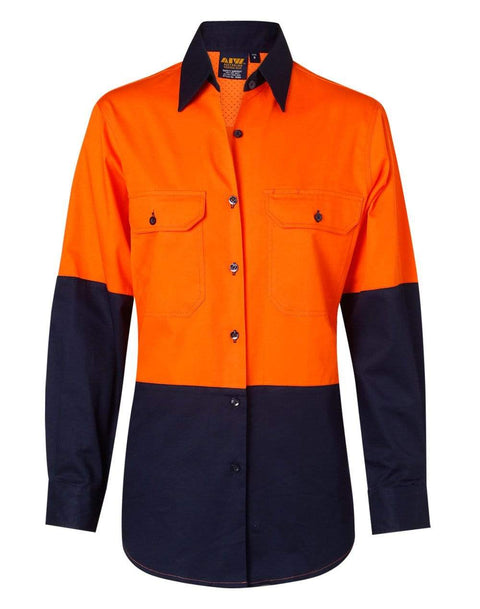 Australian Industrial Wear Work Wear Fluoro Orange/Navy / 8 Women's LONG SLEEVE SAFETY SHIRT SW64