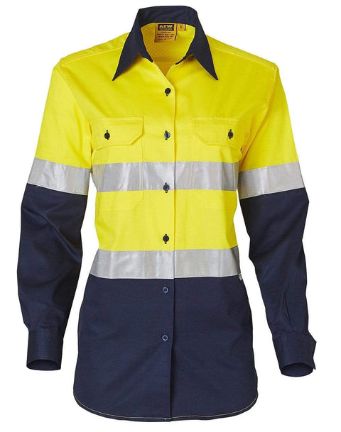 Australian Industrial Wear Work Wear Fluoro Yellow/Navy / 8 Women's LONG SLEEVE SAFETY SHIRT SW65