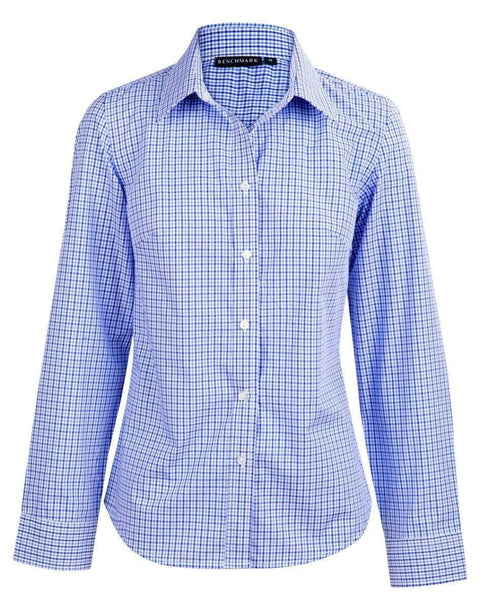 Benchmark Corporate Wear Navy/White/Skyblue / 6 BENCHMARK Ladies’ Two Tone Gingham Long Sleeve Shirt M8320L
