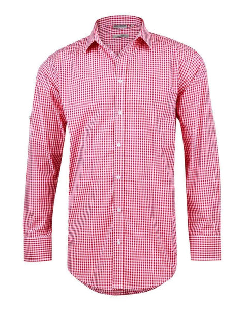 Benchmark Corporate Wear Red/White / XS BENCHMARK Men’s Gingham Check Long Sleeve Shirt with Roll-up Tab Sleeve M7300L