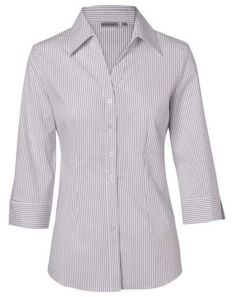Benchmark Corporate Wear White/Grey / 6 BENCHMARK Women's Ticking Stripe 3/4 Sleeve Shirt M8200Q