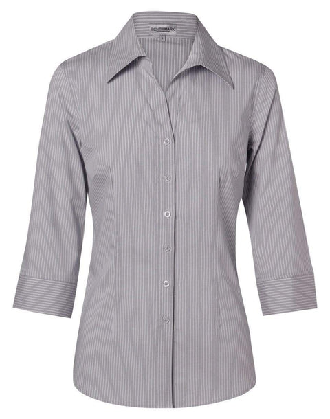Benchmark Corporate Wear Grey/White / 6 BENCHMARK Women's Ticking Stripe 3/4 Sleeve Shirt M8200Q