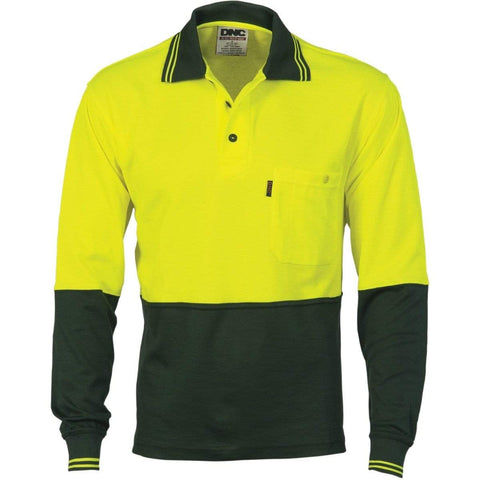 DNC Workwear Work Wear Yellow/Bottle Green / XS DNC WORKWEAR Cotton Back Hi-Vis Two-Tone Fluoro Long Sleeve Polo 3816