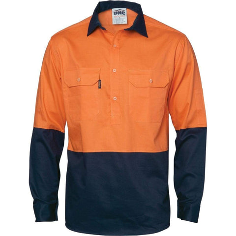 DNC Workwear Work Wear DNC WORKWEAR Hi-Vis 2 Tone Cool-Breeze Close Front Long Sleeve Cotton Shirt 3934