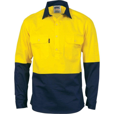DNC Workwear Work Wear Yellow/Navy / 3XL DNC WORKWEAR Hi-Vis 2 Tone Cool-Breeze Close Front Long Sleeve Cotton Shirt 3934