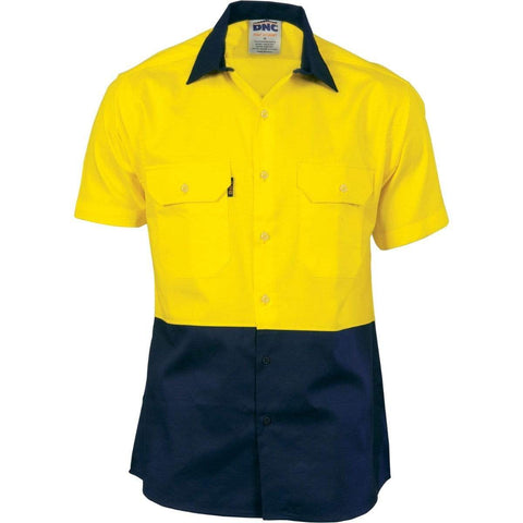 DNC Workwear Work Wear Yellow/Navy / 2XL DNC WORKWEAR Hi-Vis 2 Tone Cool-Breeze Short Sleeve Cotton Shirt  3839
