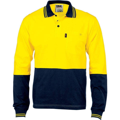 DNC Workwear Work Wear Yellow/Navy / XS DNC WORKWEAR Hi-Vis Cool-Breeze Cotton Jersey Long Sleeve Polo Shirt with Underarm Cotton Mesh 3846