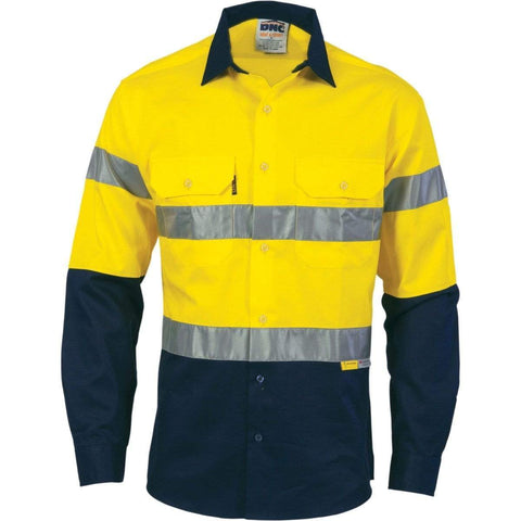 DNC Workwear Work Wear Yellow/Navy / 2XL DNC WORKWEAR Hi-Vis Cool-Breeze Long Sleeve Cotton Shirt with 3M 8910 R/Tape 3886