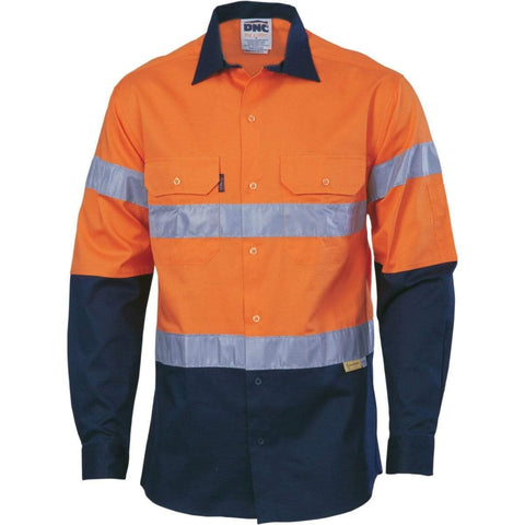 DNC Workwear Work Wear Orange/Navy / S DNC WORKWEAR Hi-Vis Cool-Breeze Long Sleeve Cotton Shirt with 3M 8910 R/Tape 3886
