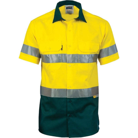 DNC Workwear Work Wear Yellow/Bottle Green / 5XL DNC WORKWEAR Hi-Vis Cool-Breeze Short Sleeve Cotton Shirt with 3M 8906 Reflective Tape 3887
