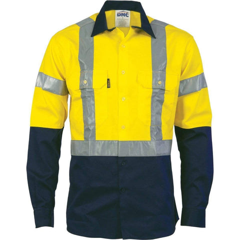 DNC Workwear Work Wear Yellow/Navy / XS DNC WORKWEAR Hi-Vis D/N 2 Tone Long Sleeve Drill Shirt with H Pattern Generic R/ Tape 3983