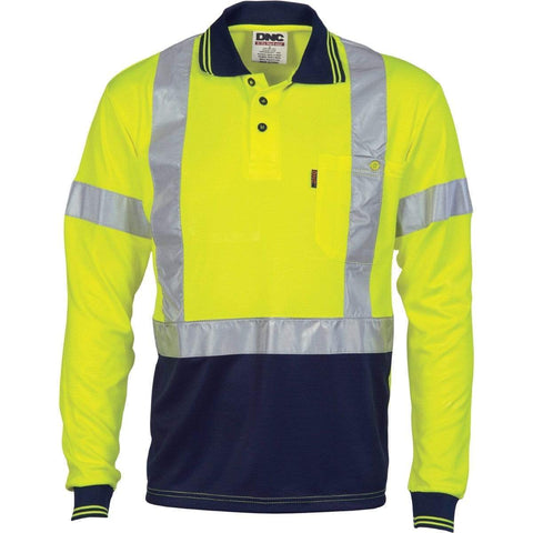 DNC Workwear Work Wear Yellow/Navy / 5XL DNC WORKWEAR Hi-Vis D/N Cool-Breathe Long Sleeve Polo Shirt with Cross-Back R/Tape 3914