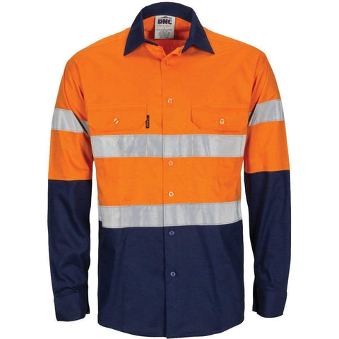 DNC Workwear Work Wear Orange/Navy / XS DNC WORKWEAR Hi-Vis Lightweight Cool-Breeze T2 Vertical Vented Cotton Shirt with Long Gusset Sleeves and Generic Tape 3784