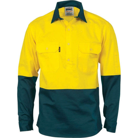 DNC Workwear Work Wear Yellow/Bottle Green / 4XL DNC WORKWEAR Hi-Vis Two-Tone Close Front Cotton Drill Long Sleeve Shirt - Gusset Sleeve 3834