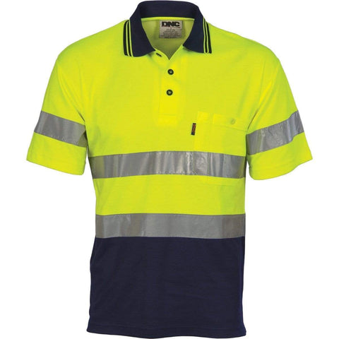 DNC Workwear Work Wear Yellow/Navy / XS DNC WORKWEAR Hi-Vis Two-Tone Cotton Back Short Sleeve Polo with Generic Reflective Tape 3717