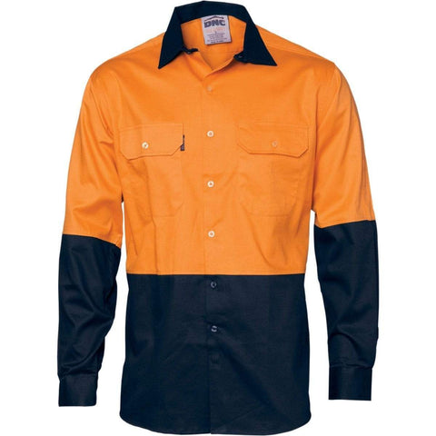 DNC Workwear Work Wear Orange/Navy / XS DNC WORKWEAR Hi-Vis Two-Tone Cotton Drill Long Sleeve Shirt 3832