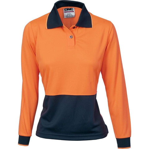 DNC Workwear Work Wear Orange/Navy / 8 DNC WORKWEAR Ladies Hi-Vis Two-Tone Long Sleeve Polo Shirt 3898