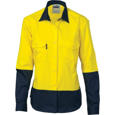 DNC Workwear Work Wear Yellow/Navy / 8 DNC WORKWEAR Women’s Hi-Vis 2 Tone Cool-Breeze Long Sleeve Cotton Shirt 3940