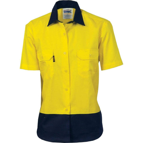DNC Workwear Work Wear Yellow/Navy / 8 DNC WORKWEAR Women’s Hi-Vis 2-Tone Cool-Breeze Short Sleeve Cotton Shirt 3939