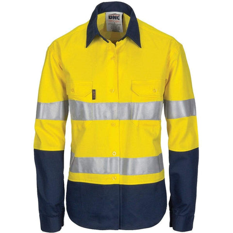 DNC Workwear Work Wear Yellow/Navy / 6 DNC WORKWEAR Women’s Hi-Vis Cool-Breeze Long Sleeve Cotton Shirt with CSR Reflective Tape 3786
