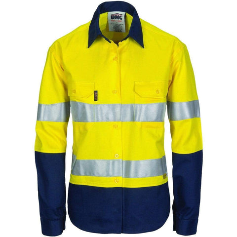 DNC Workwear Work Wear Yellow/Navy / 6 DNC WORKWEAR Women’s Hi-Vis Two-Tone Cool-Breeze Long Sleeve Cotton Shirt with 3M Reflective Tape 3986